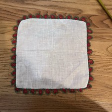 Vintage White Linen Hankerchief with Variegated Red  Green Lace Tatted Edge
