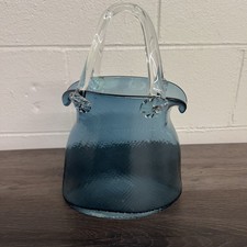 Hand Blown Blue Vintage 12" Tall Glass Handbag Vase Pebbled Textured