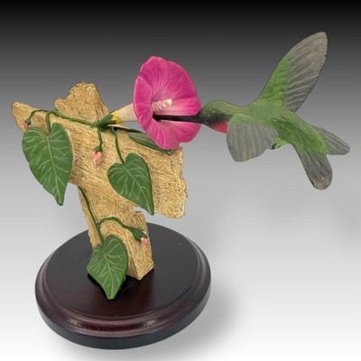 Richard Lamson Hummingbird Resin Sculpture On Wood Base Floral Wildlife Figurine