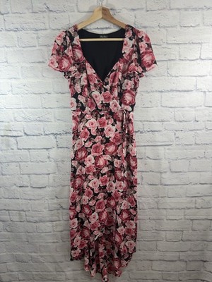 Lily Rose Women Short Flutter Sleeve Roses Side Tie Hi Low Midi Dress Pink Sz S