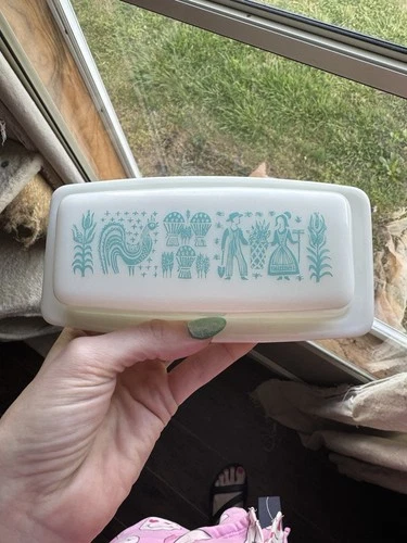 Vintage Pyrex Butter Dish Amish Butter Print Turquoise