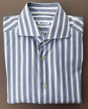 KITON Fine Cotton Dress Shirt, Spread Collar, Blue/Gray/White Stripes, L/S 15.5
