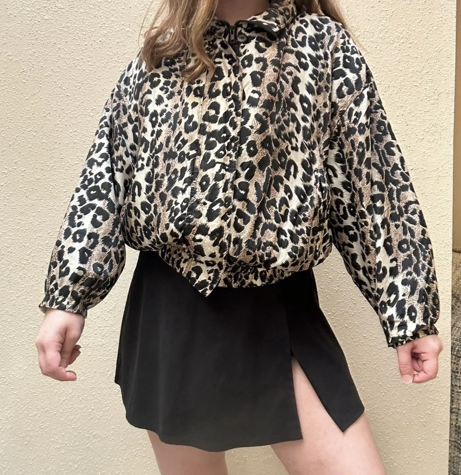 Chaqueta Bomber Grande Vintage Años 80/90 100% Seda Lavable Guepardo Leopardo Cremallera Completa Foto 2 de 4