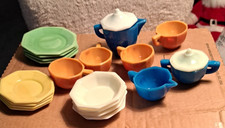 VINTAGE AKRO AGATE Open Handle 21 PIECE TEA SET Dark Blue Pitcher White Bowls