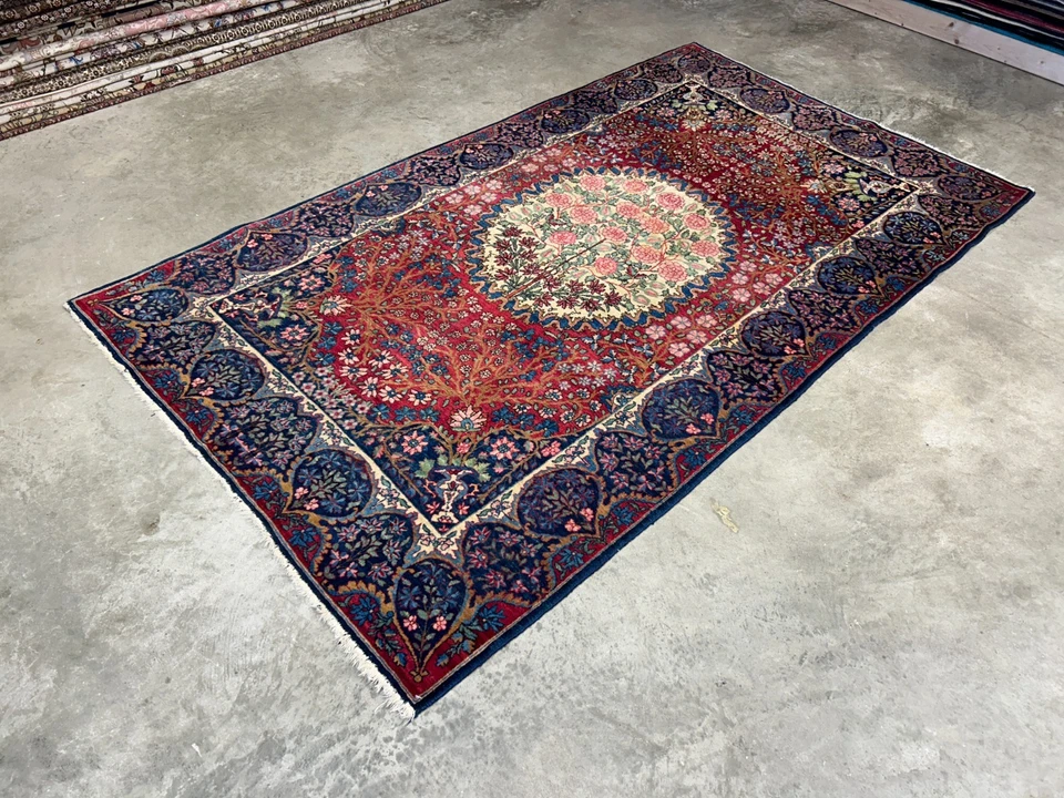 4'4"x7'6" Antique Hand-Knotted Wool Kashane Area Rug - Handmade Carpet 4x7 Red - Image 4 of 4