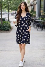 GAP Navy Floral Dress Women Medium 3/4 Sleeve Knee Length Cottagecore Dress