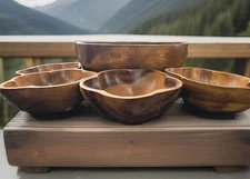 Vintage Handcrafted Scalloped Monkey Pod Wood Salad Bowl Set 5 Pc Serving 12X4"