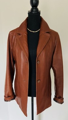 Wilsons Leather Brown Genuine Leather Blazer Jacket Womens M Fitted Cognac 