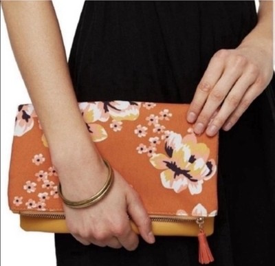 Rachel Pally Orange Yellow Floral Clutch Fold Over Reversible w/ Dust Bag NEW