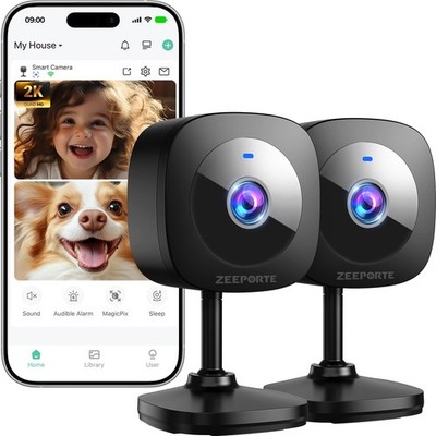 ZEEPORTE 2K Indoor Cameras for Home Security - Baby Monitor and Dog Pet Camer...