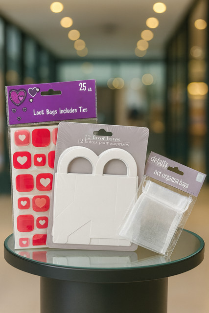 Organza bags(6 ct), White Favor boxes w/handles (12 ct.) Valentine Bags (25 ct.)