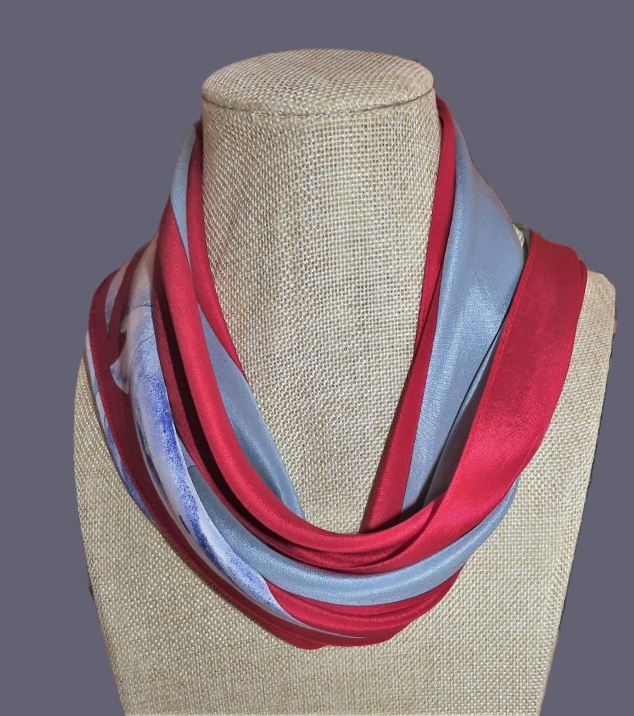 Vera Neumann obong scarf; floral; blue, raspberry, aqua, white; 72 x10; silk?