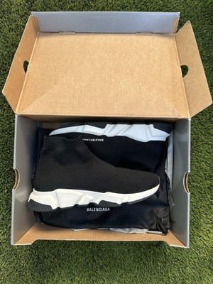 Balenciaga Speed Men s Slip-On Knit Mid-Top Sneakers Black/White Rubber Sole