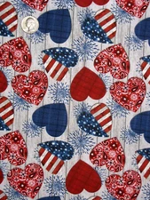 Patriotic USA Heart Bandana Fireworks Gray Woodgrain Cotton Fabric 25" Length