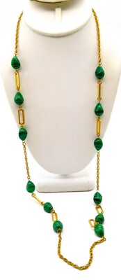 Miriam Haskell Signed Gold Chain Necklace with Malachite Green Glass Nugget Stat
