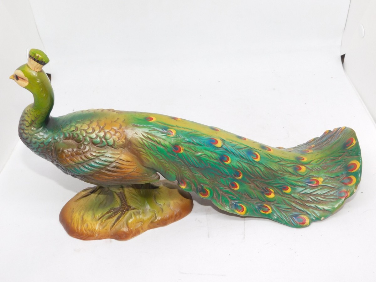 VINTAGE CERAMIC PEACOCK WITH SHADES OF GREEN & YELLOW HAND PAINTED