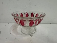 Vintage Likely Indianan Footed Glass Candy Dish w/ Cranberry Leaf Decorations
