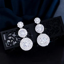 Silver Plated Mirco Pave Cubic Zirconia Women Round Flower Dangle Drop Earrings