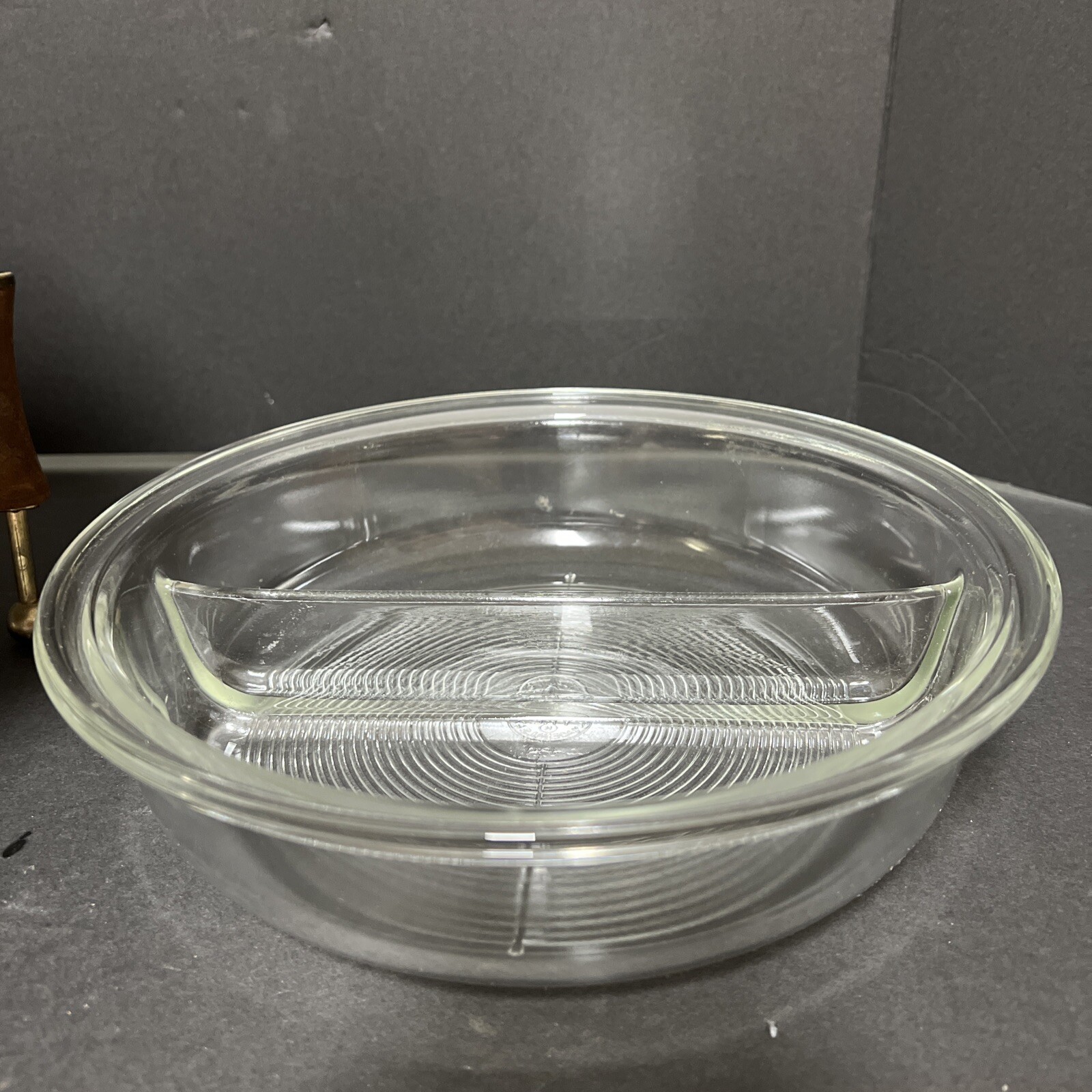 VTG MCM Gold Pyrex Divided Dome Chafing Dish Tripod Leg Wood UFO SPACE