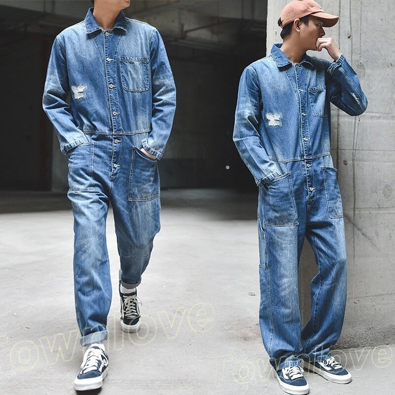 Men Denim Loose Casual Overall Jumpsuit Jeans Coat Suspender Romper Cowboy  Pants