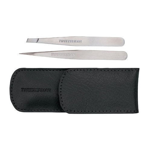NEW Tweezerman Petite Tweeze Set: Slant Tweezer + Point Tweezer - (Black Leather - Picture 2 of 8