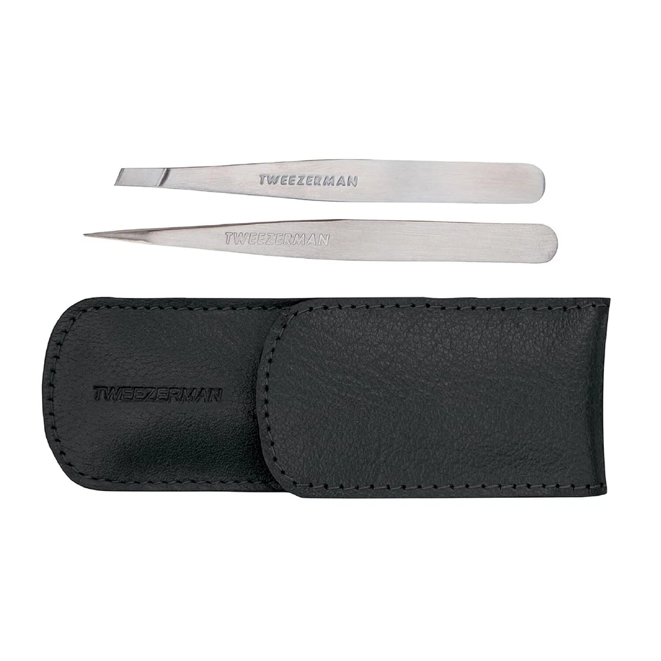 NEW Tweezerman Petite Tweeze Set: Slant Tweezer + Point Tweezer - (Black Leather - image 2 of 4