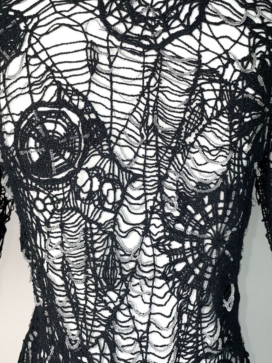 2000's Alexander McQueen Black Sheer Knit Spiderweb Beaded 2000's Alexander McQueen Black Sheer Knit Spiderweb Beaded