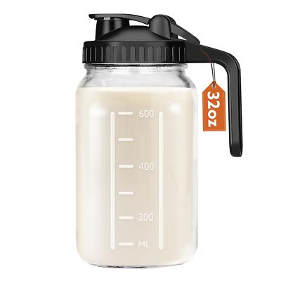 Mihlapi Mason Jar Pitcher With Lid and Spout 32 OZ Glass Milk Pitcher for Br