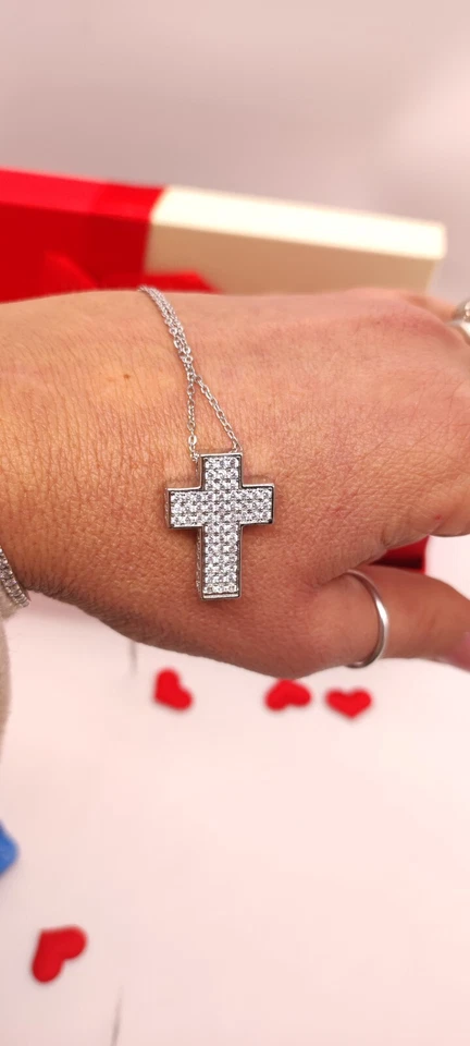 Collana donna con croce steel pave' zirconi bianchi brillante +confezione regalo - Immagine 4 di 4