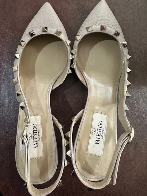 Valentino — New Never Worn VALENTINO Size 7 ROCKSTUD Beige Slingback Heels Shoes 37 Euro