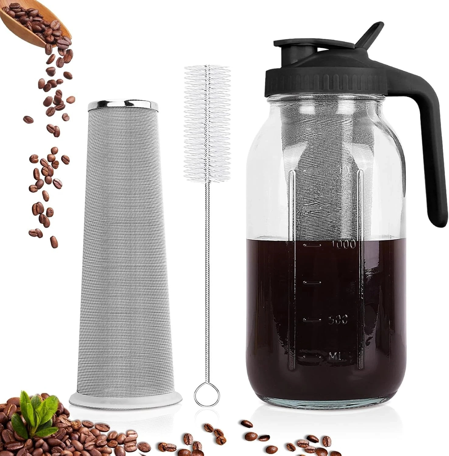 Cold Brew Coffee Maker,64 oz Mason Jar Pitcher with Stainless Steel Filter, Pour
