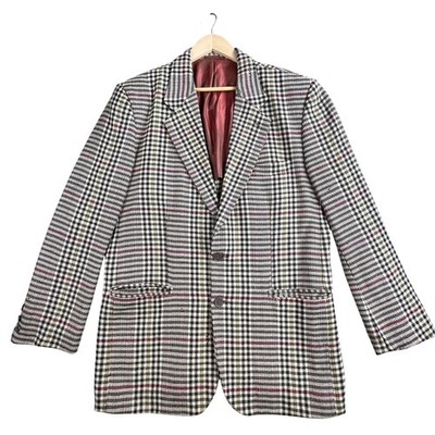 VTG United Colors of Benetton Blazer Men Large Beige Plaid Wool Jacket Italy 90s