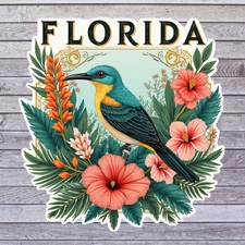 Florida bird sticker vinyl decal tropical songbird hibiscus floral art