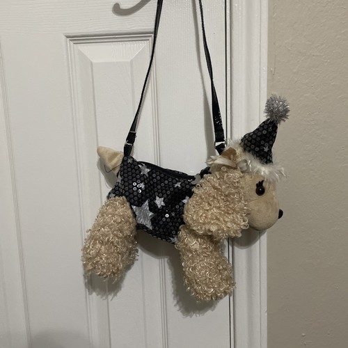 Poochie & Co Girl's Furry Poodle Dog Tan Purse Black/ White Sequin - Picture 7 of 8