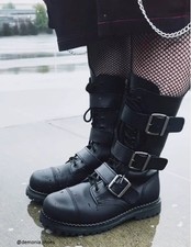 Black Leather 12 Holes Steel Toe Buckle 90s W...