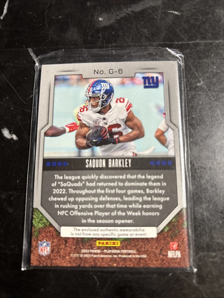 2022 Panini Playbook - Grounding Saquon Barkley #G-6 JERSEY Card - Image 2 of 2