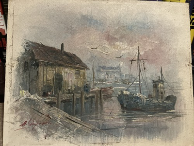 #ad Alan Simpson Oil On Board Boatyard Painting 8quot; X 10quot; $80.00