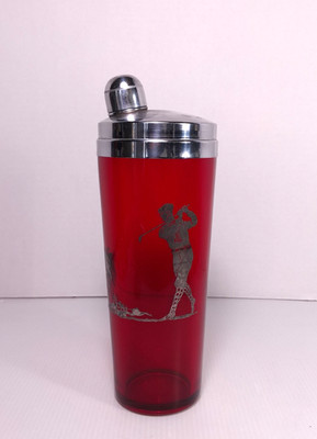 Vtg Art Deco Sterling Overlay Ruby Red Glass Shaker Golfer Golf Motif