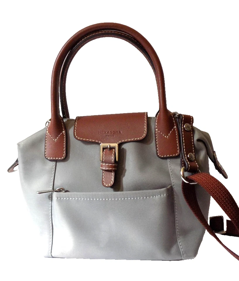 Mini Bolso Bandolera HEXAGONA Paris Gris Nylon Marrón Cuero Asa Superior Foto 4 de 4