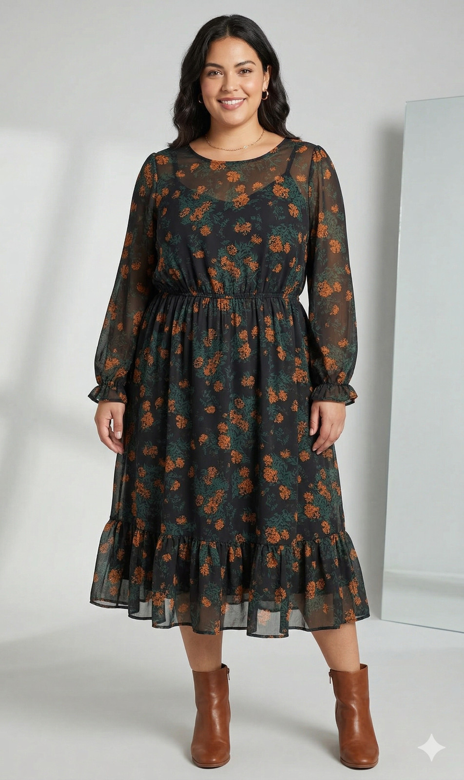 Modcloth Plus Size Black Floral Sheer Chiffon Midi Dress - Size 1X NWT