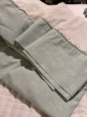 Perma-Prest Vintage Sears Full Sheet Set Mint Green Floral