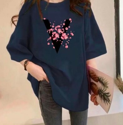 Damen T-Shirt blau mit Blumenmuster Boho Eleganz (nur Größe L)