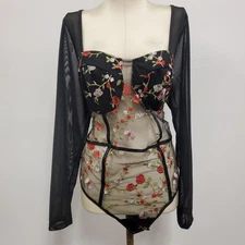 Shein Curve Womens Embroidered Mesh Forest Fairy Grunge Bodysuit Size 1XL Black