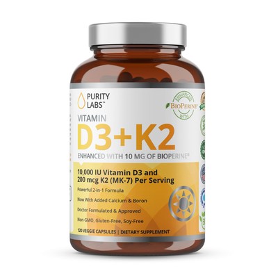 Purity Labs Vitamin D3 K2 10000 Iu, (250Mcg) D3 + 200Mcg K2 Mk7 - Immu