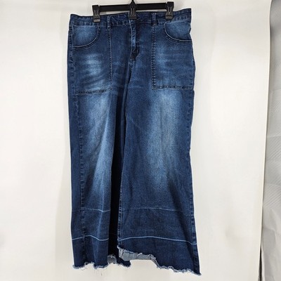 Crazy Train Wide Leg Jeans Dark Wash Raw Hem Patch 13/31 Denim Stretchy