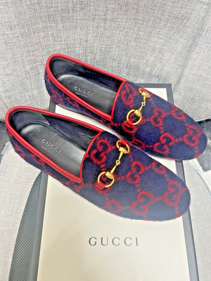 $980 Gucci Jordaan Wool Blue Red GG Logo Horsebit Loafer Slipper