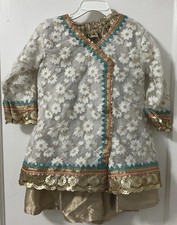 Pakistani handmade Gold Floral Embroidered Silk Blend Salwar Kameez 2pc Set