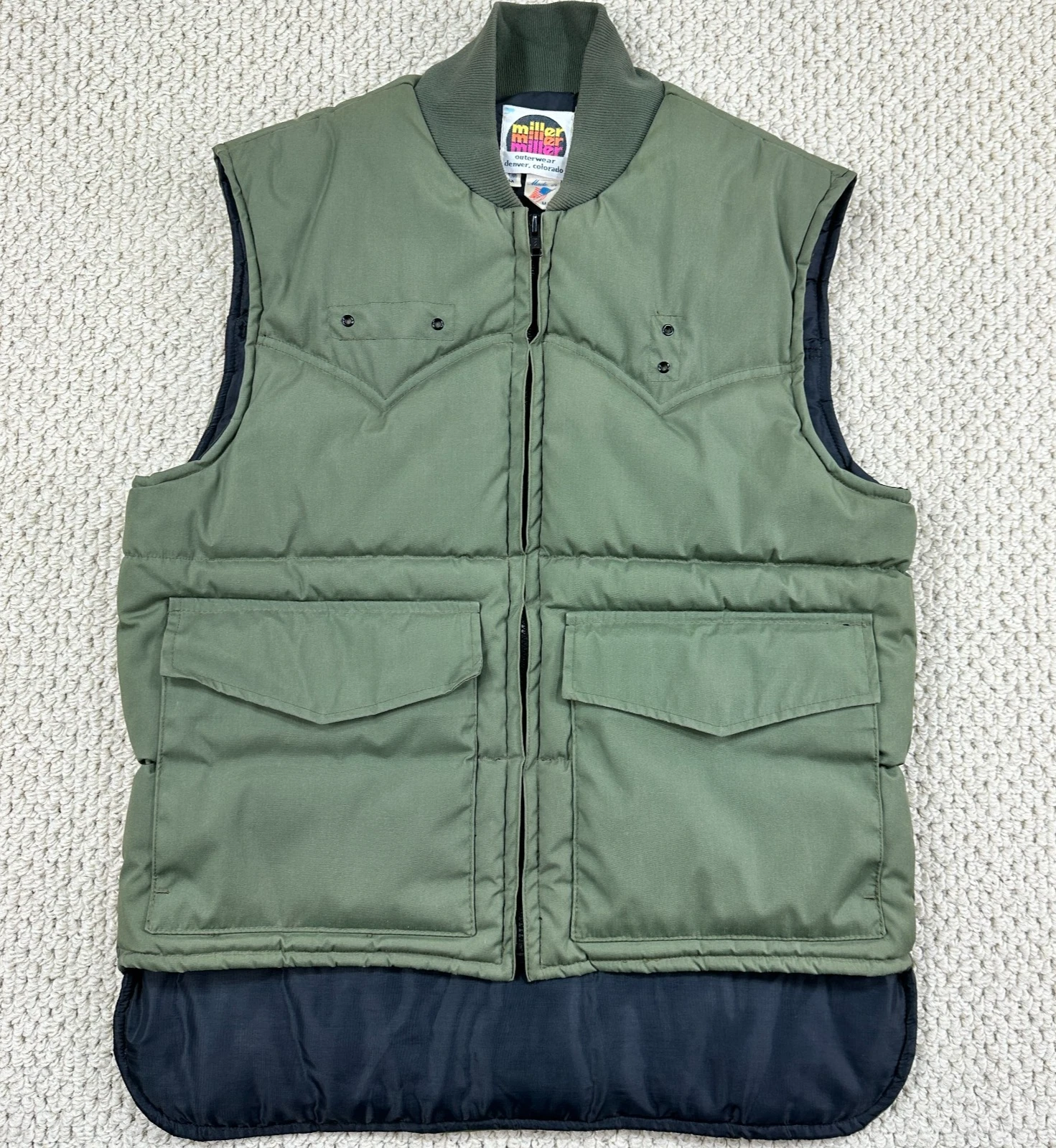 Vintage Miller Colorado Rancher Puffy Vest Mens M Olive Western Yolk Made in USA