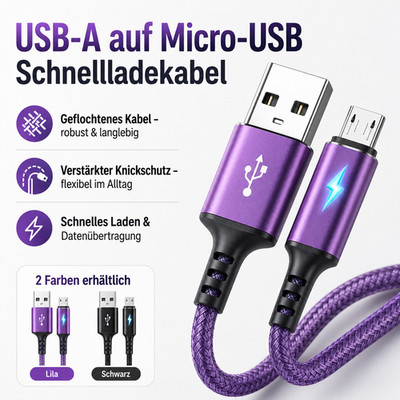 Ladekabel Datenkabel USB-A auf Micro-USB 1,2m 2m günstig und gut Schnell