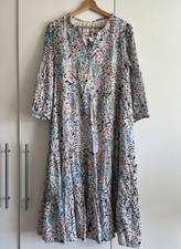 Lucky Brand Floral Tiered Midi Dress UK L Boho Cotton Blend Lined 3/4 Sleeve